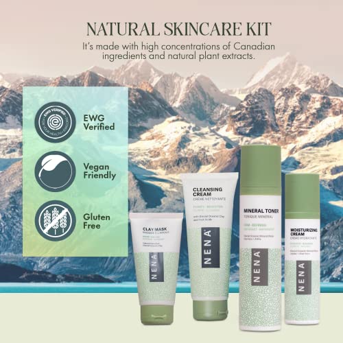 NENA Skincare Natural Skincare Kit - Cleansing Cream Face Wash - Clay Mask for Face - Mineral Hydrating Toner - Moisturizing Cream - Vegan - 4 Pc