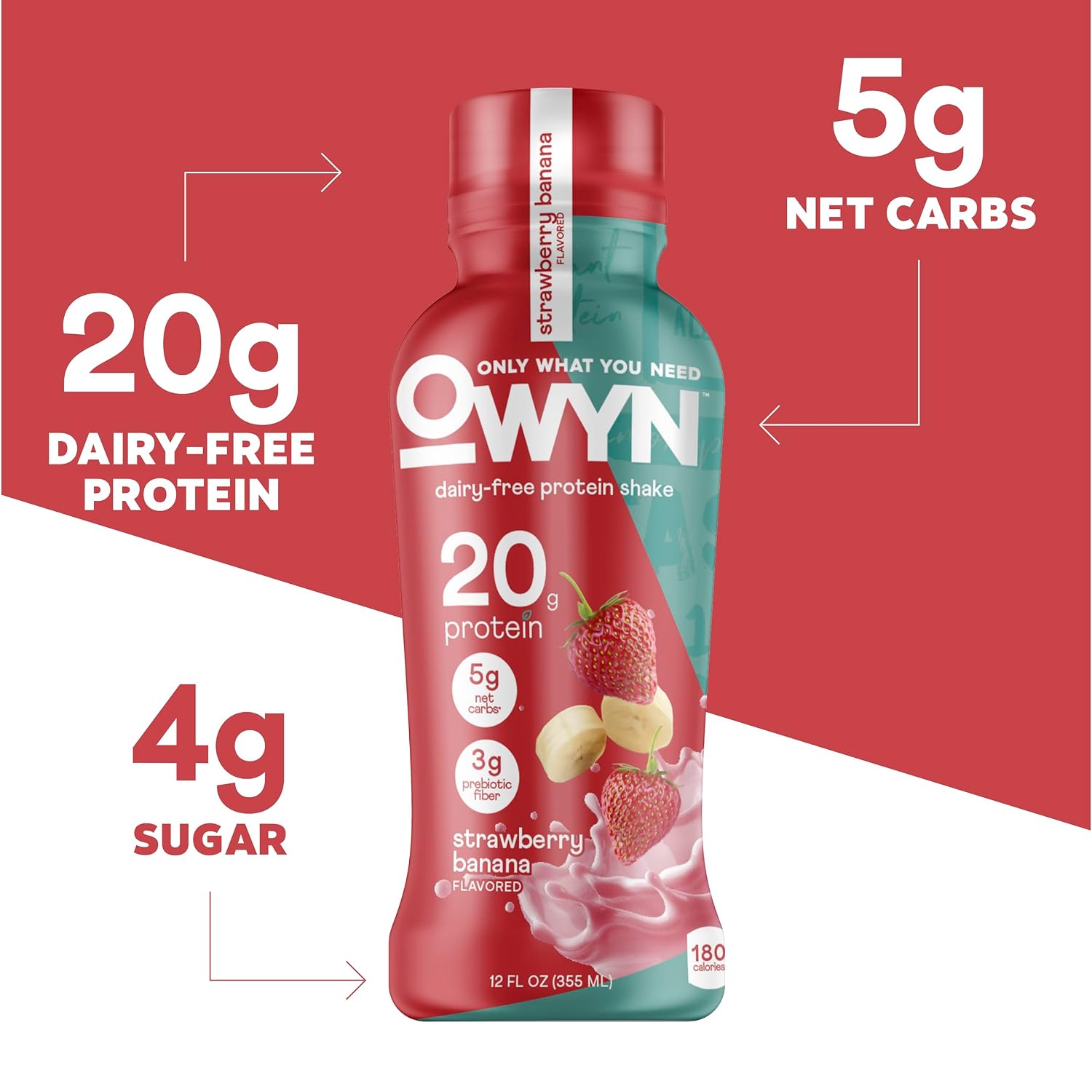 OWYN Only What You Need Strawberry Banana Flavored 20g Protein Shake, 12 Ct | 20g Protein, 4g Sugar, 3g Prebiotic Fiber, Dairy Free, Plant Protein, Gluten Free, Individual 12fl oz Bottles