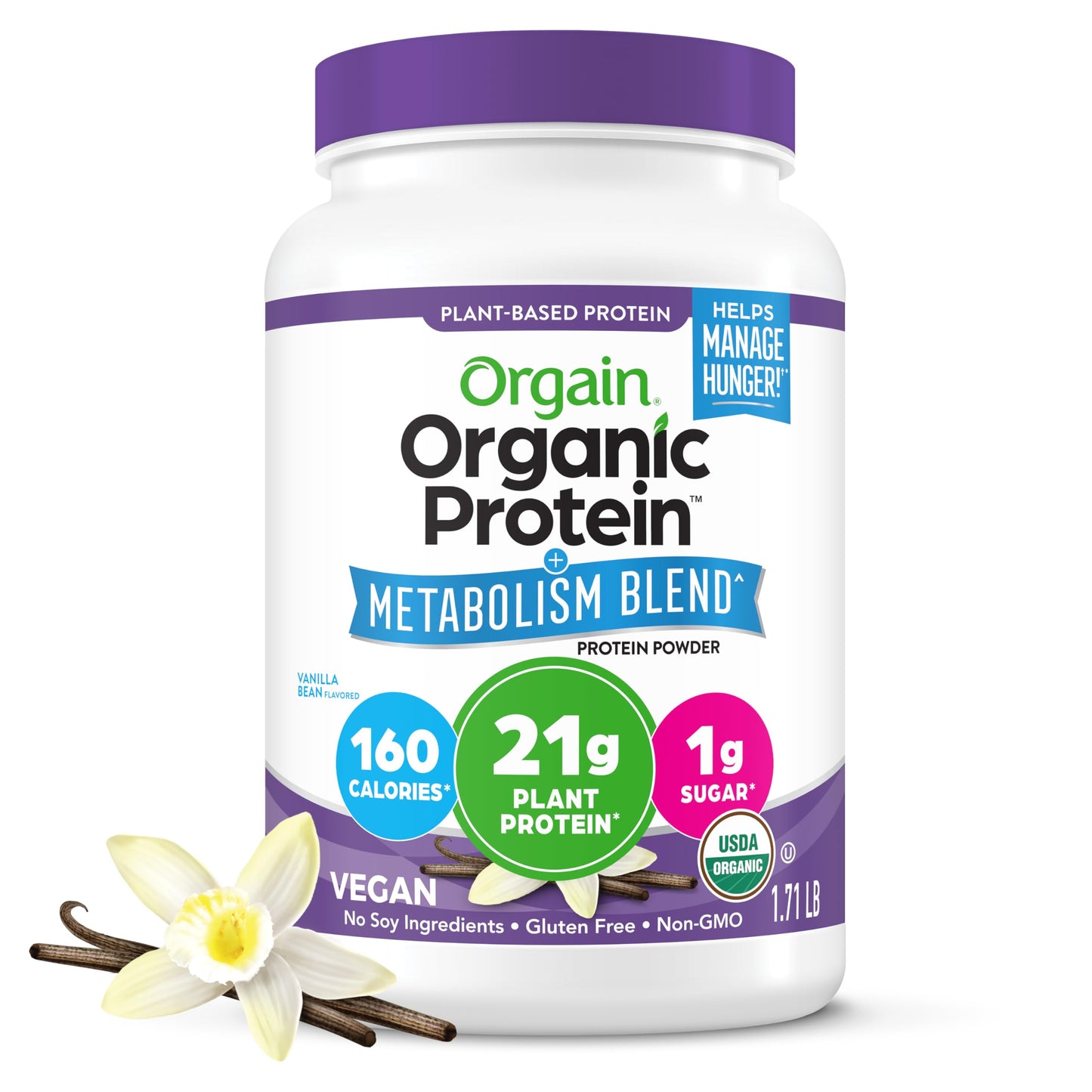 Orgain Organic 21g Vegan Protein + Metabolism Powder, Chocolate, 1.71lb | Plant based protein blend with chromium to promote healthy weight management, 4g prebiotic fiber, for shakes & smoothies