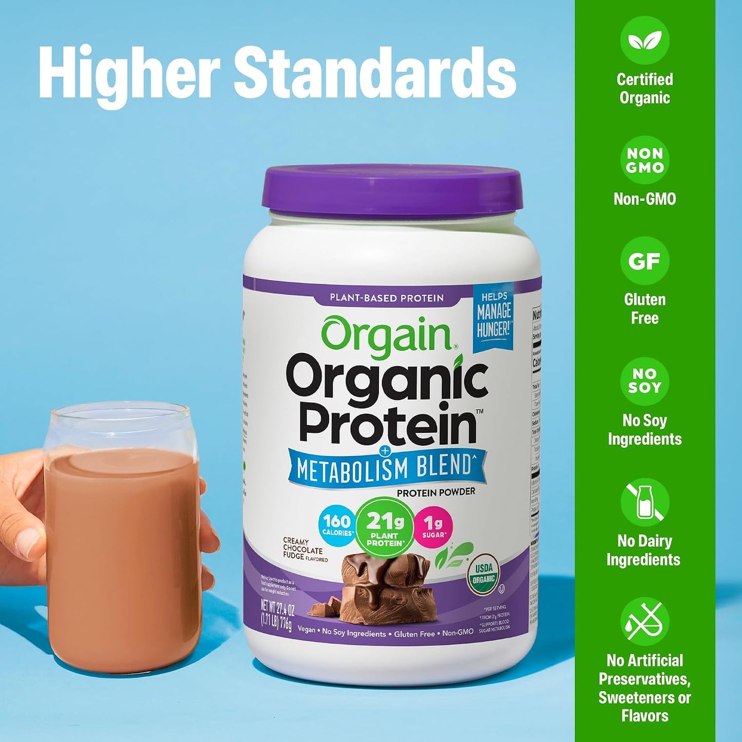 Orgain Organic 21g Vegan Protein + Metabolism Powder, Chocolate, 1.71lb | Plant based protein blend with chromium to promote healthy weight management, 4g prebiotic fiber, for shakes & smoothies