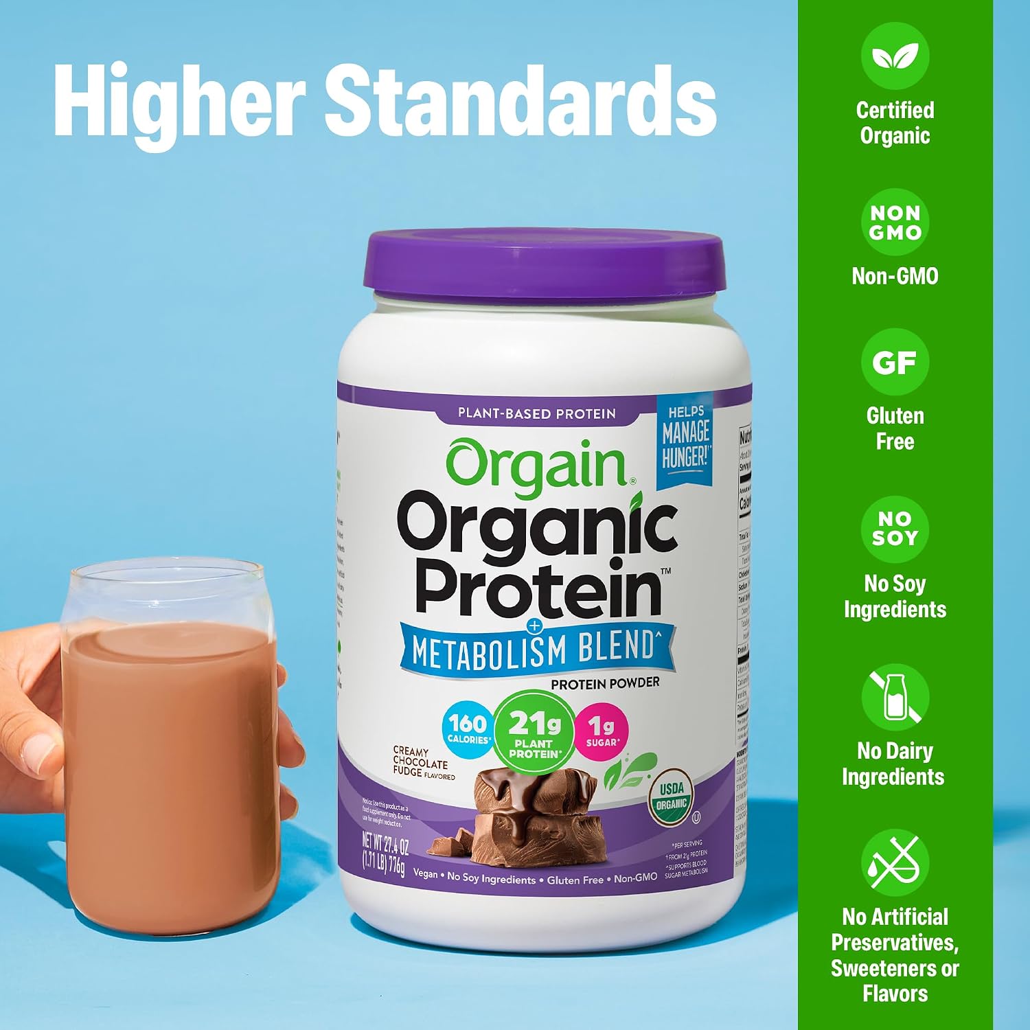 Orgain Organic 21g Vegan Protein + Metabolism Powder, Chocolate, 1.71lb | Plant based protein blend with chromium to promote healthy weight management, 4g prebiotic fiber, for shakes & smoothies