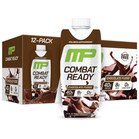 MusclePharm Combat Ready Protein Shake Chocolate Fudge Flavor - Pack of 12 | Chocolate Fudge Flavor, 40g Protein, BCAAs, Glutamine, 7g Fiber, No Added Sugar, Gluten Free Protein Shake