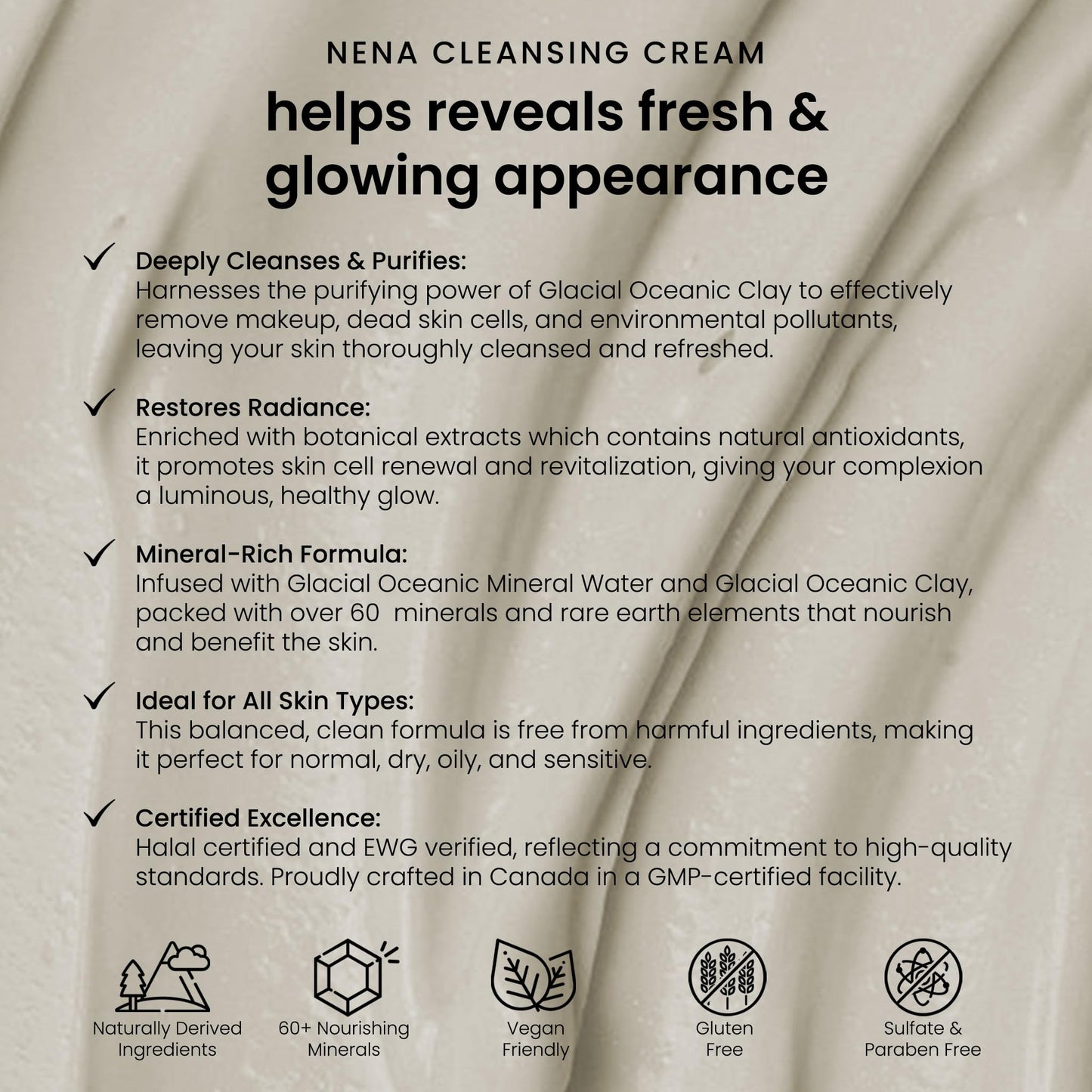 NENA Skincare Cleansing Cream - Face Wash - Gluten Free Facial Cleanser - Hydrating Mineral-Powered Formula for Soft, Radiant Skin - 3.5 oz