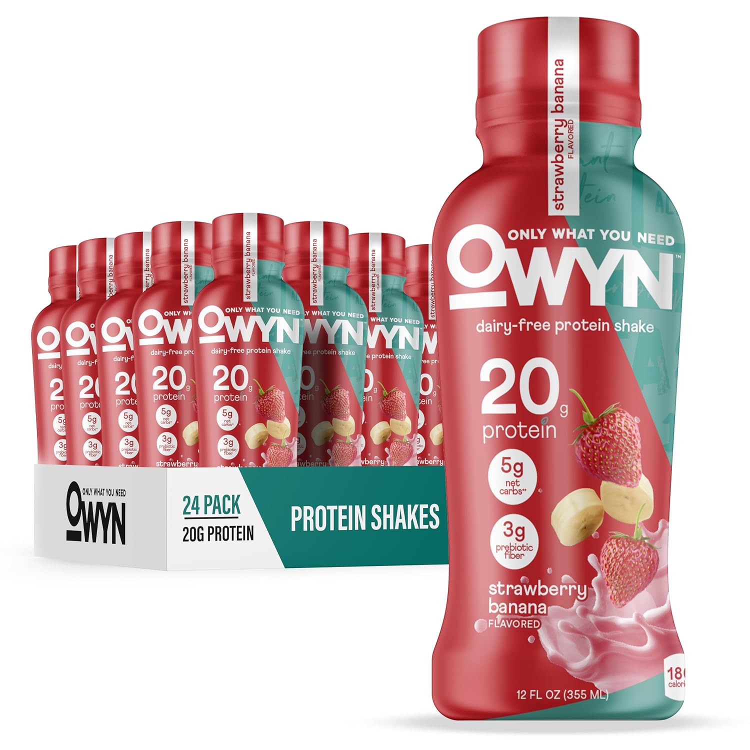 OWYN Only What You Need Strawberry Banana Flavored 20g Protein Shake, 12 Ct | 20g Protein, 4g Sugar, 3g Prebiotic Fiber, Dairy Free, Plant Protein, Gluten Free, Individual 12fl oz Bottles
