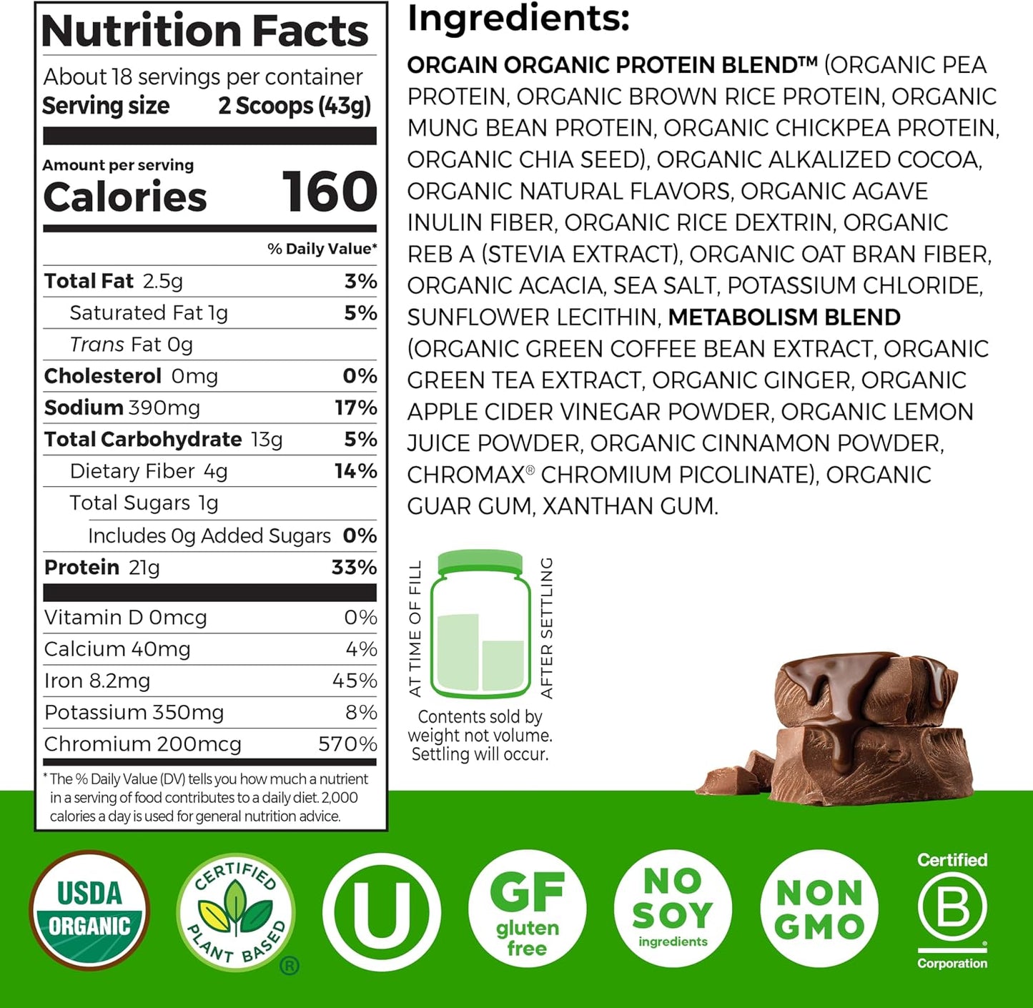 Orgain Organic 21g Vegan Protein + Metabolism Powder, Chocolate, 1.71lb | Plant based protein blend with chromium to promote healthy weight management, 4g prebiotic fiber, for shakes & smoothies