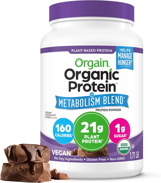 Orgain Organic 21g Vegan Protein + Metabolism Powder, Chocolate, 1.71lb | Plant based protein blend with chromium to promote healthy weight management, 4g prebiotic fiber, for shakes & smoothies