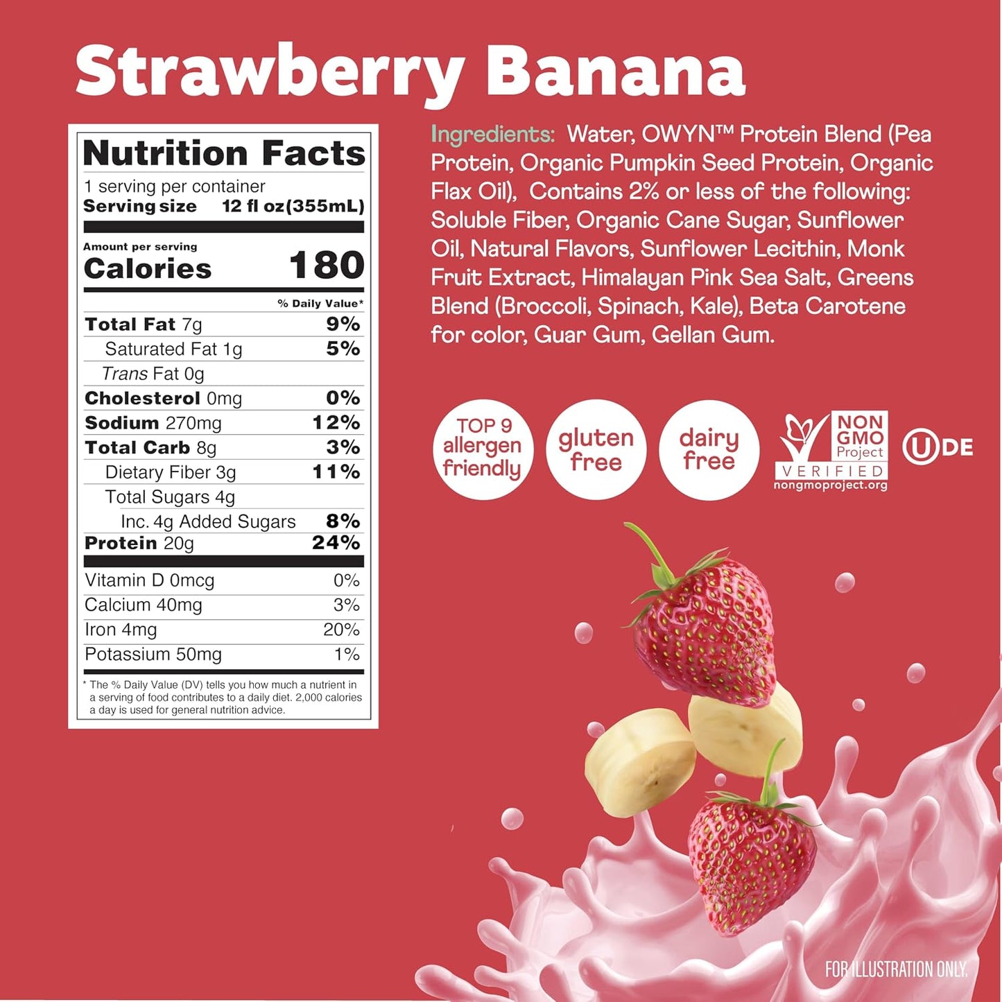 OWYN Only What You Need Strawberry Banana Flavored 20g Protein Shake, 12 Ct | 20g Protein, 4g Sugar, 3g Prebiotic Fiber, Dairy Free, Plant Protein, Gluten Free, Individual 12fl oz Bottles