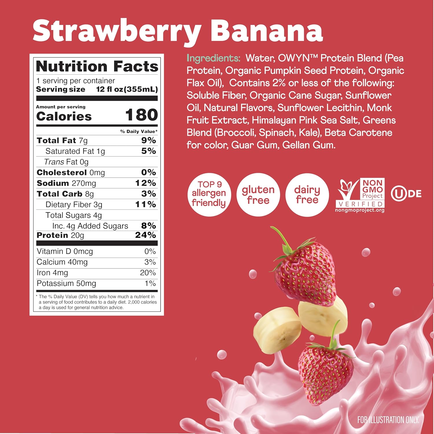 OWYN Only What You Need Strawberry Banana Flavored 20g Protein Shake, 12 Ct | 20g Protein, 4g Sugar, 3g Prebiotic Fiber, Dairy Free, Plant Protein, Gluten Free, Individual 12fl oz Bottles